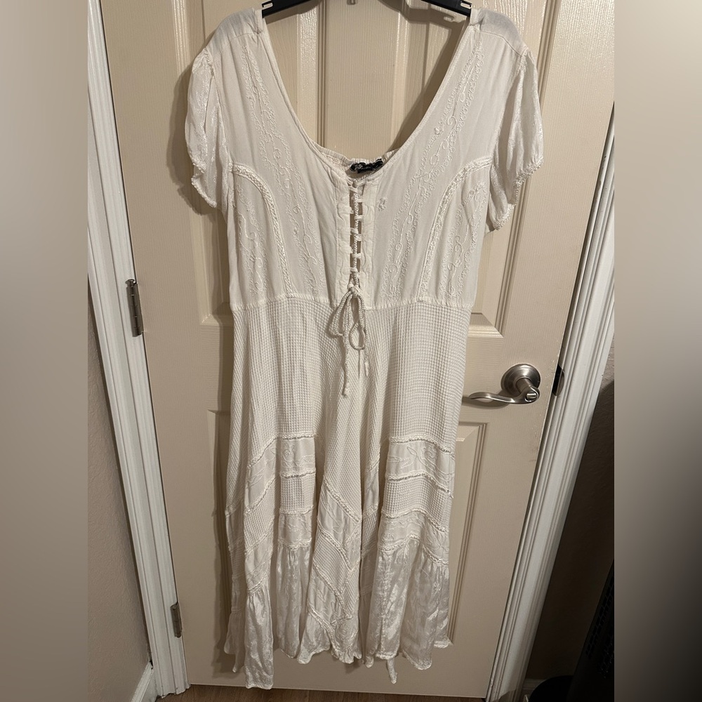 Flower Bohemian Peasant Lace-Up Maxi Dress, Ivory, Plus Size